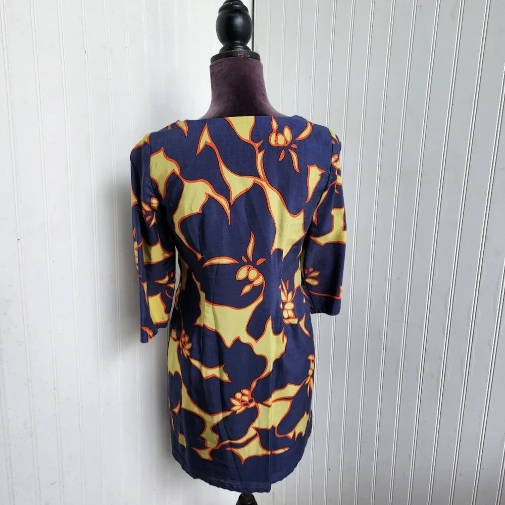 Ann Taylor LOFT Floral Knee Length Dress Navy Blue Green Orange 3/4 Sleeve 0P